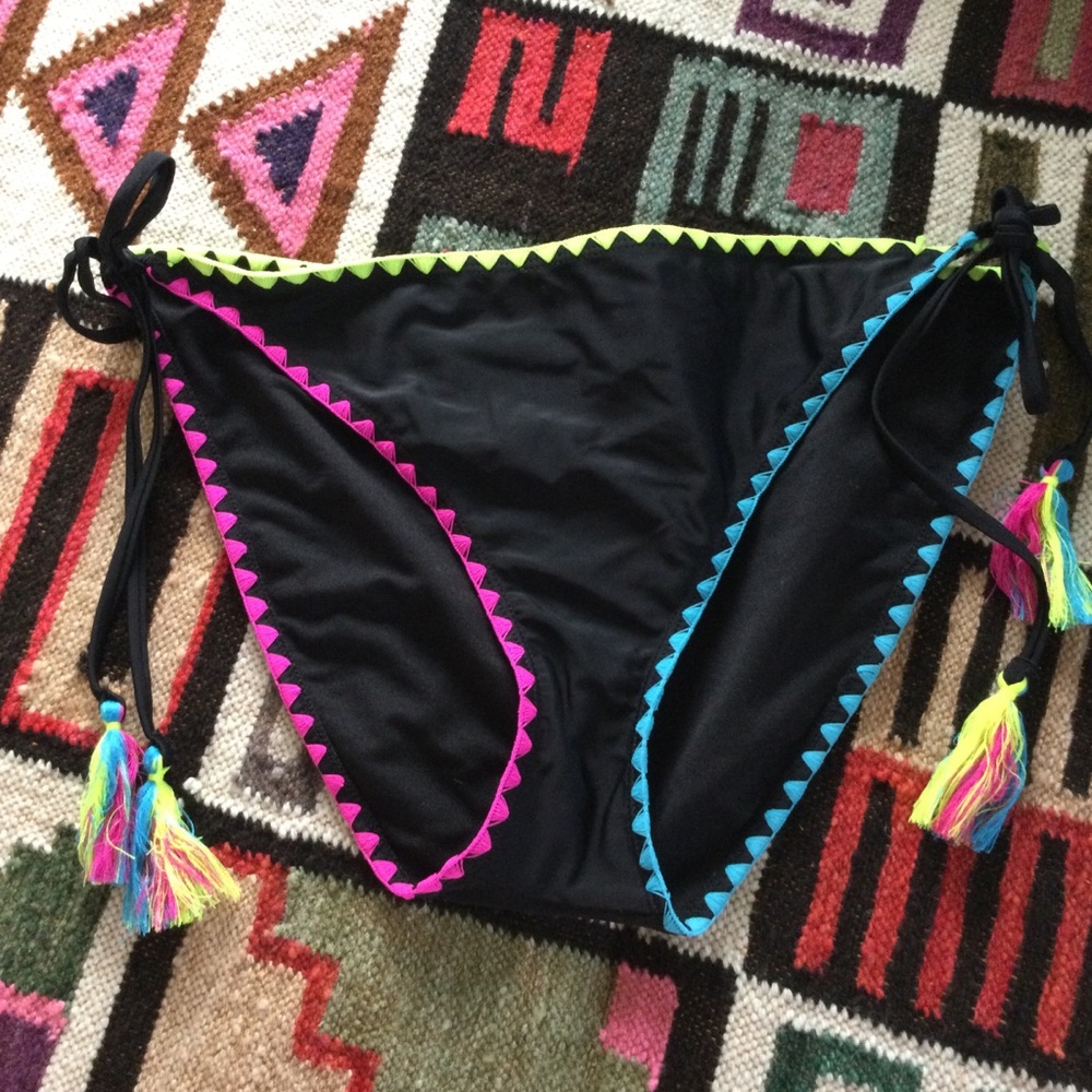 Black Bikini Bottom with Neon Trim and Tassels
